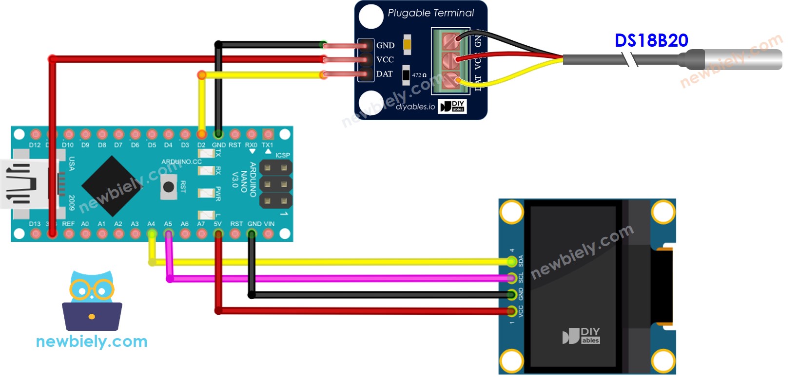 Arduino Nano DS18B20 Temperatuursensor OLED bedradingsschema