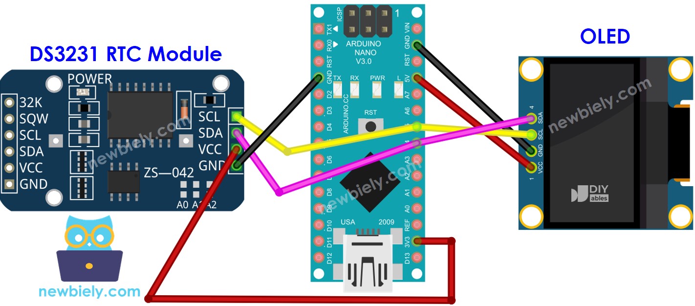 Arduino Nano DS3231 OLED bedrading