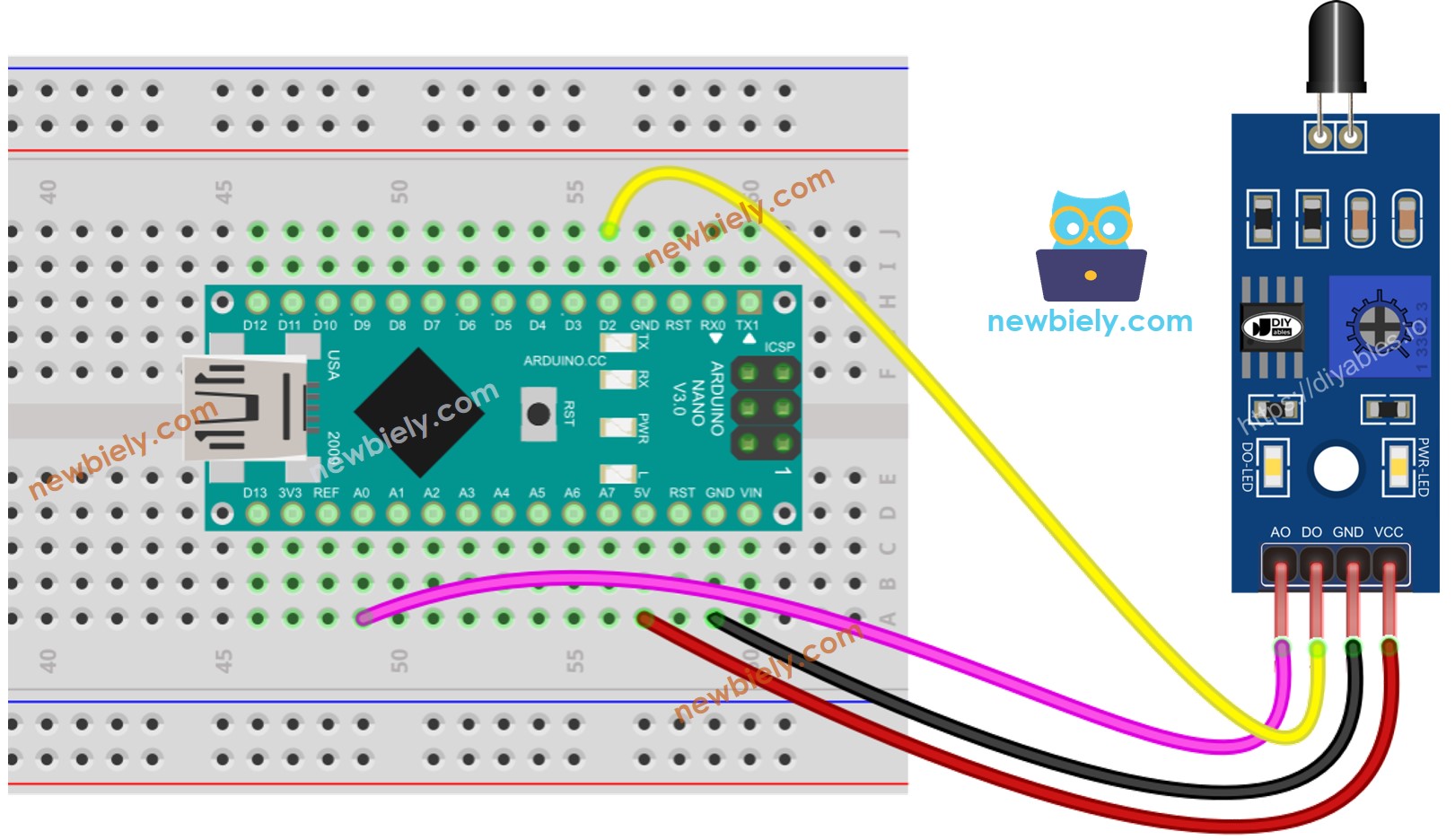 Arduino Nano infrarood vlam sensor bekabelingsschema