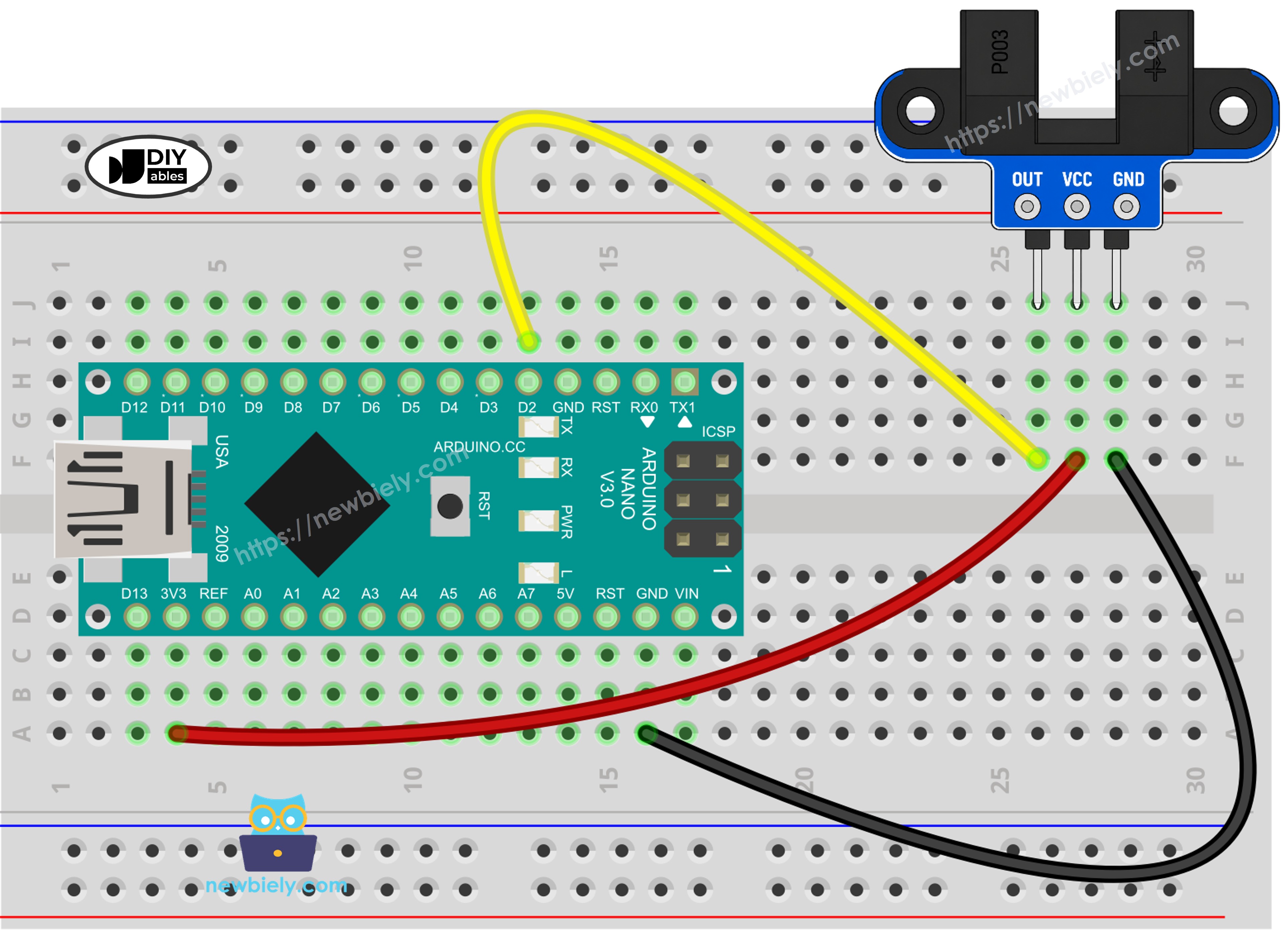 Arduino Nano bedradingsschema met optische IR-sleufsensor