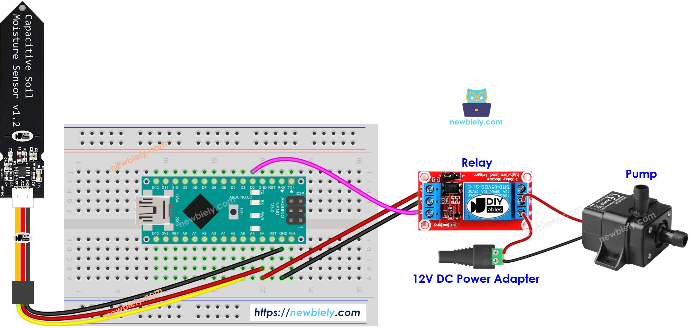 Arduino Nano bodemvocht sensor Pomp bedrading schema