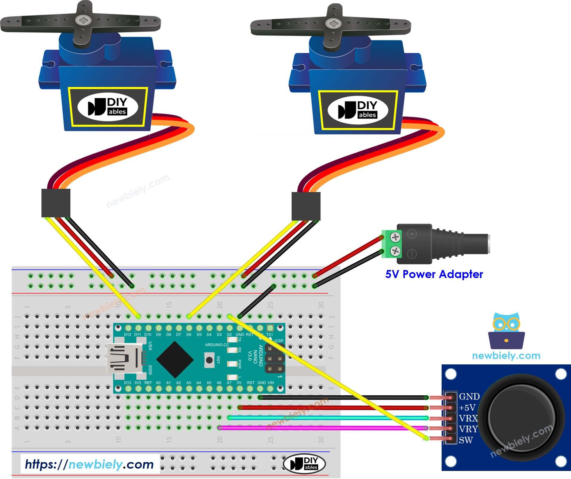 Arduino Nano Joystick Servo Motor bedrading schema