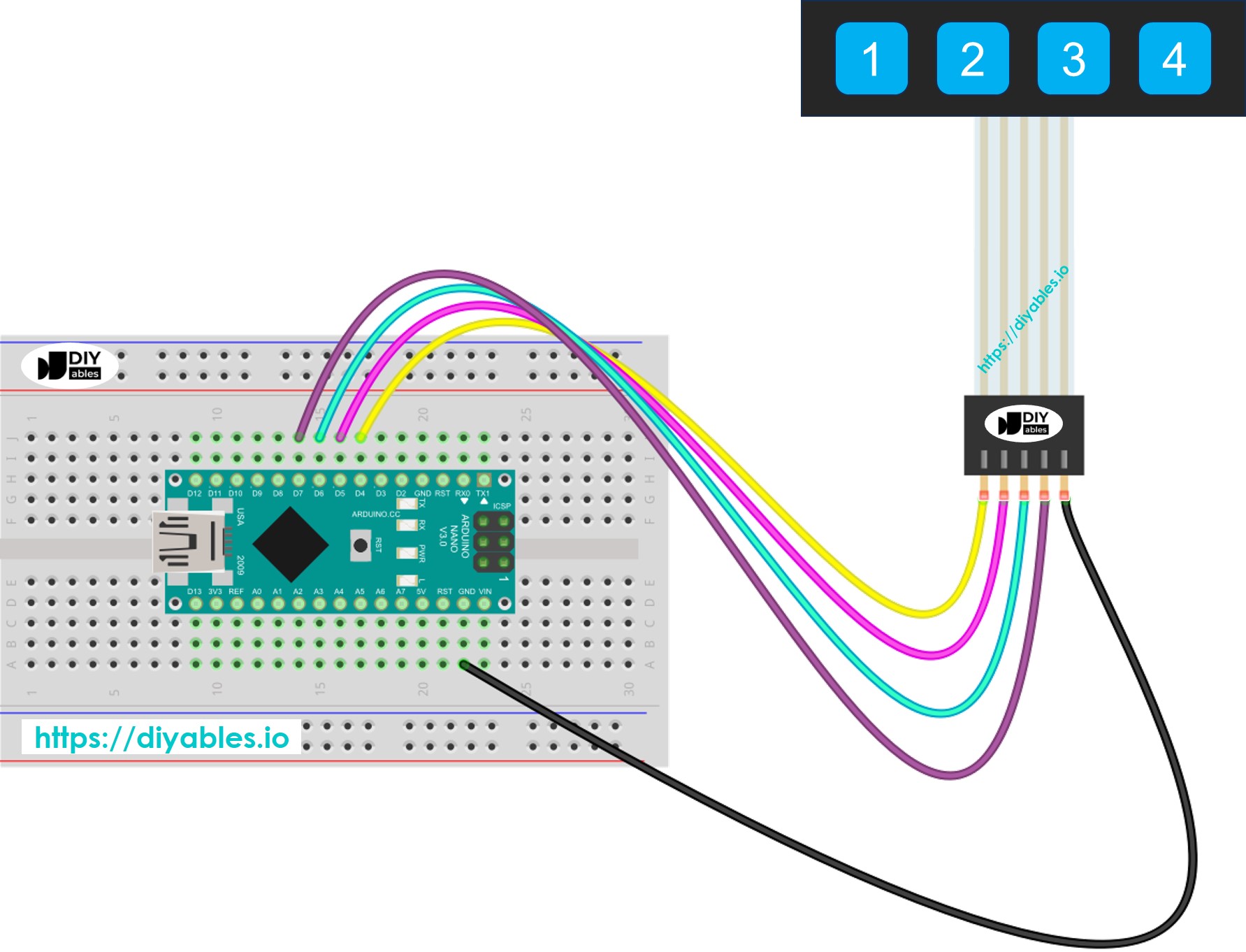 Arduino Nano Keypad 1x4 Aansluitschema