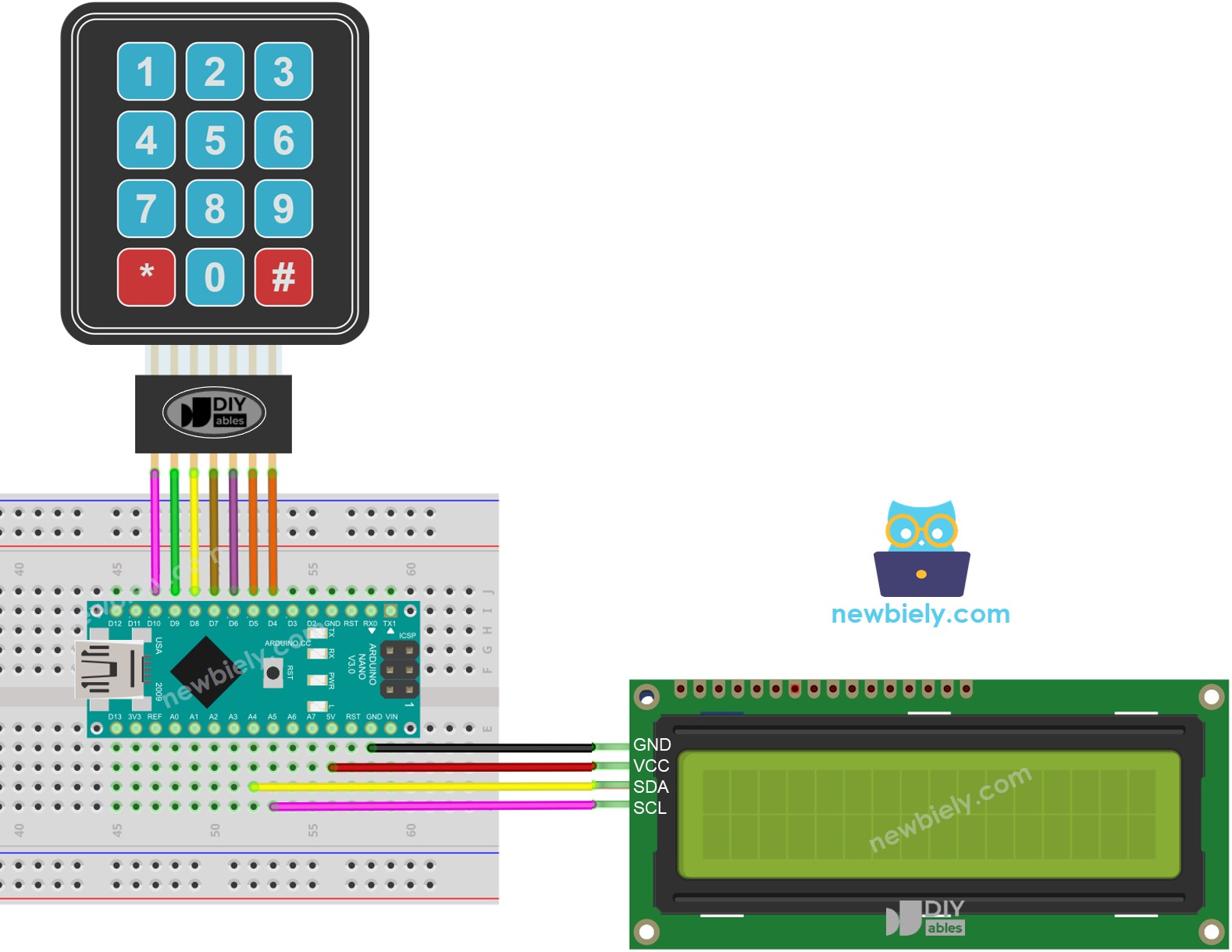 Arduino Nano Keypad LCD bedrading schema