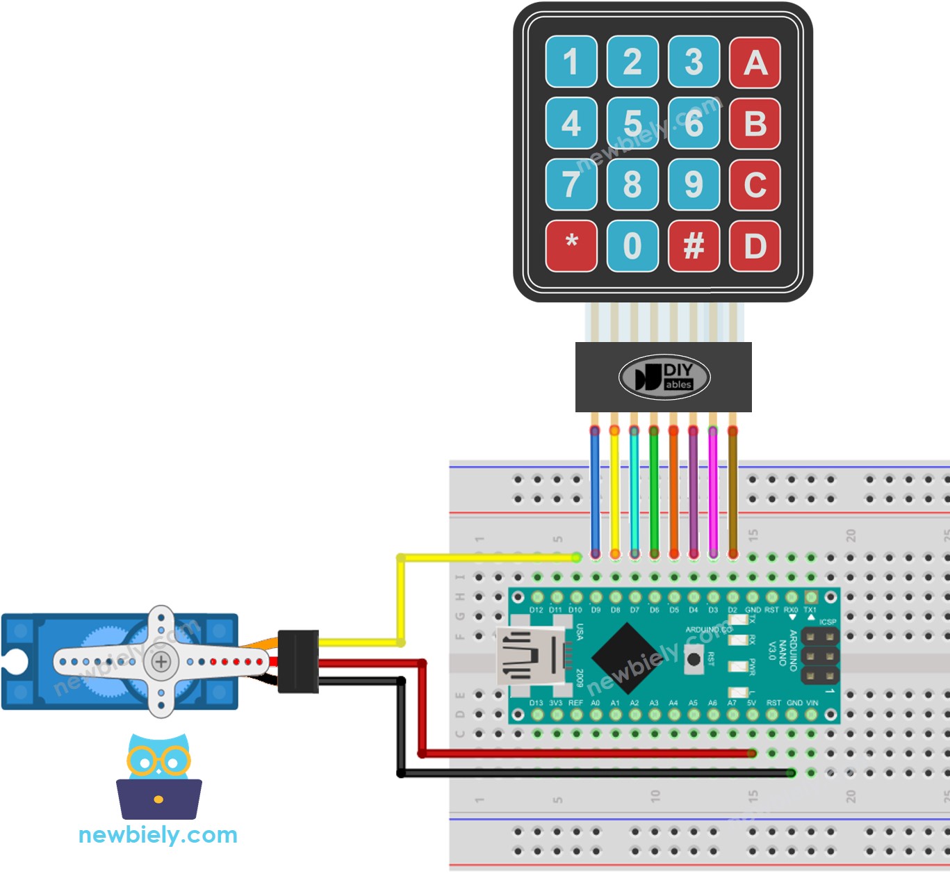 Arduino Nano keypad servo motor bedradingsschema