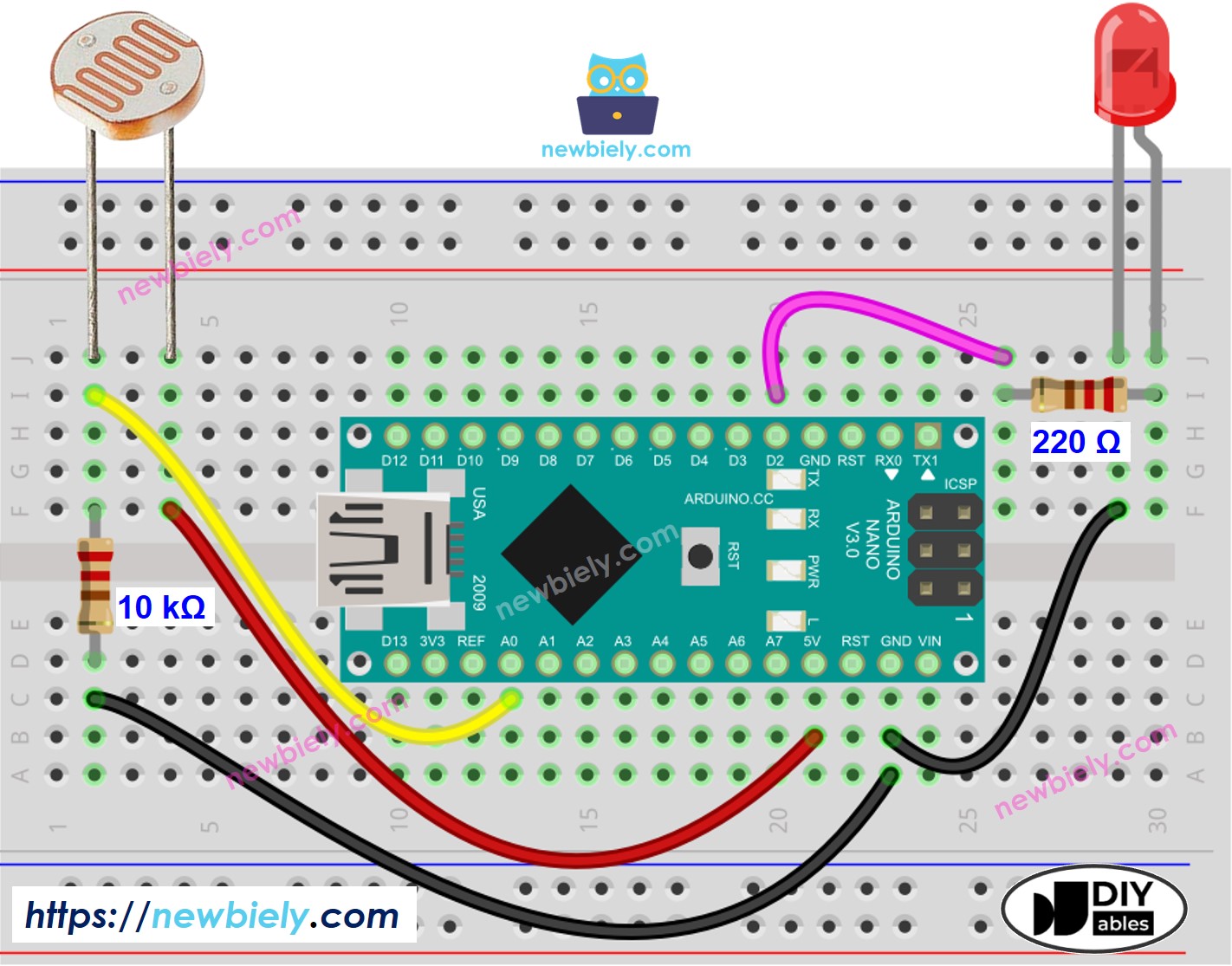 Arduino Nano Lichtsensor LED bedradingsschema