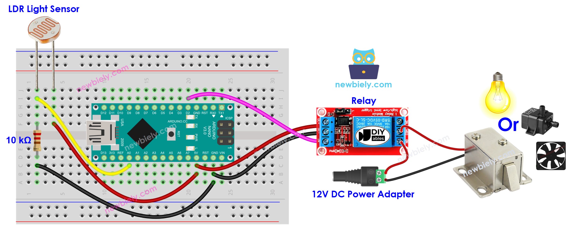 Arduino Nano Lichtsensor Relais Lamp bedrading schema
