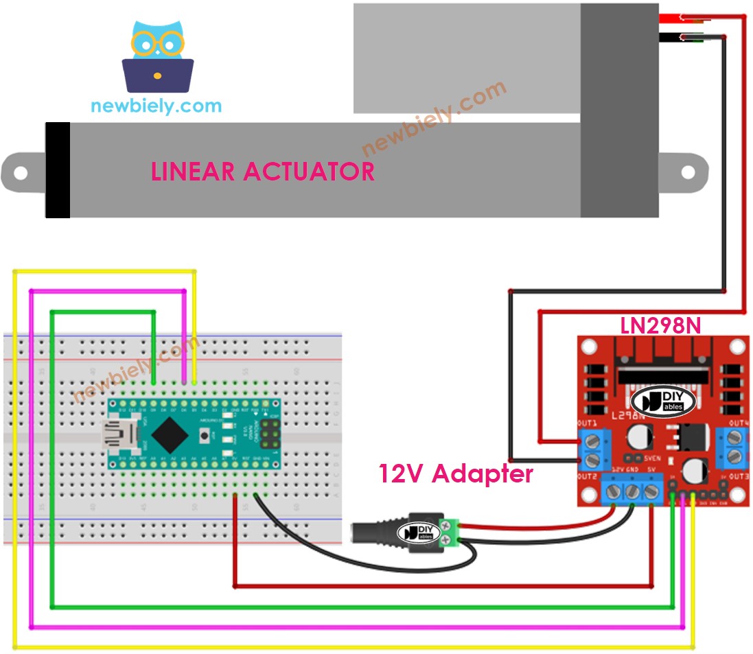 Arduino Nano Lineaire Actuator L298N Driver bedradingsschema