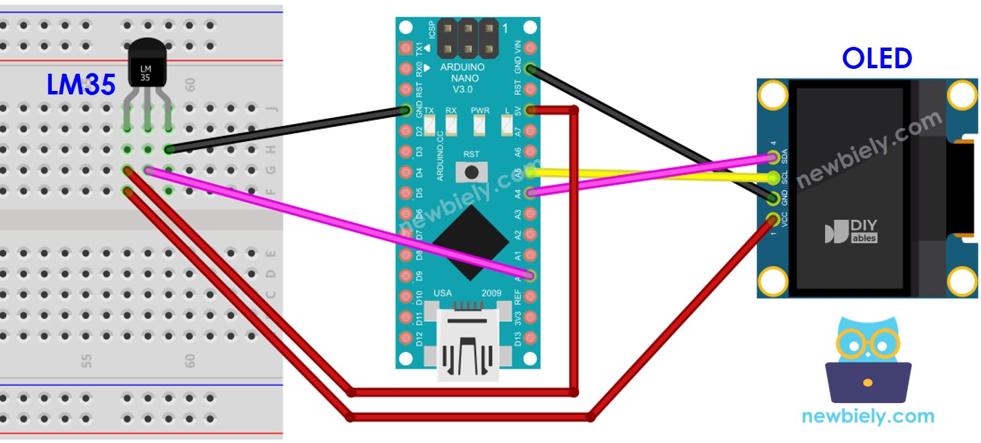 Arduino Nano LM35 Temperatuursensor OLED bedrading schema