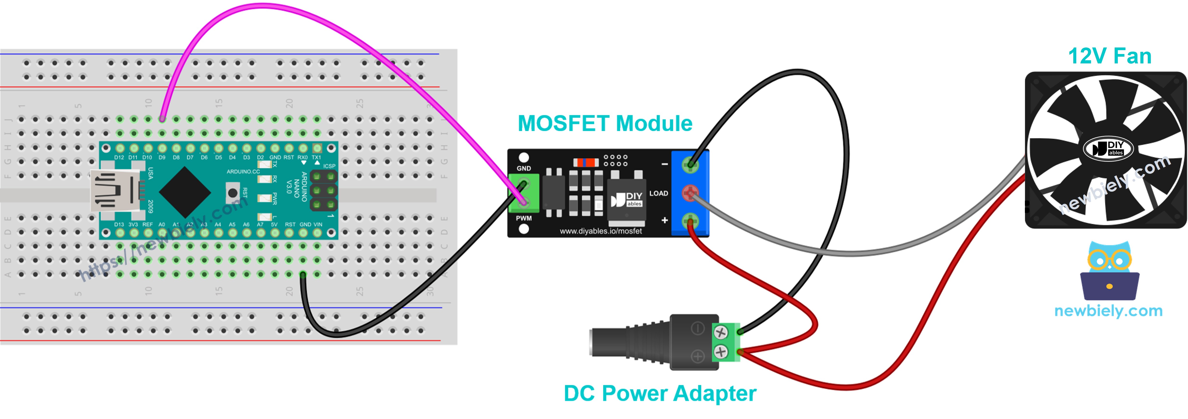 Bedradingsschema van een 12V koelventilator en MOSFET-module