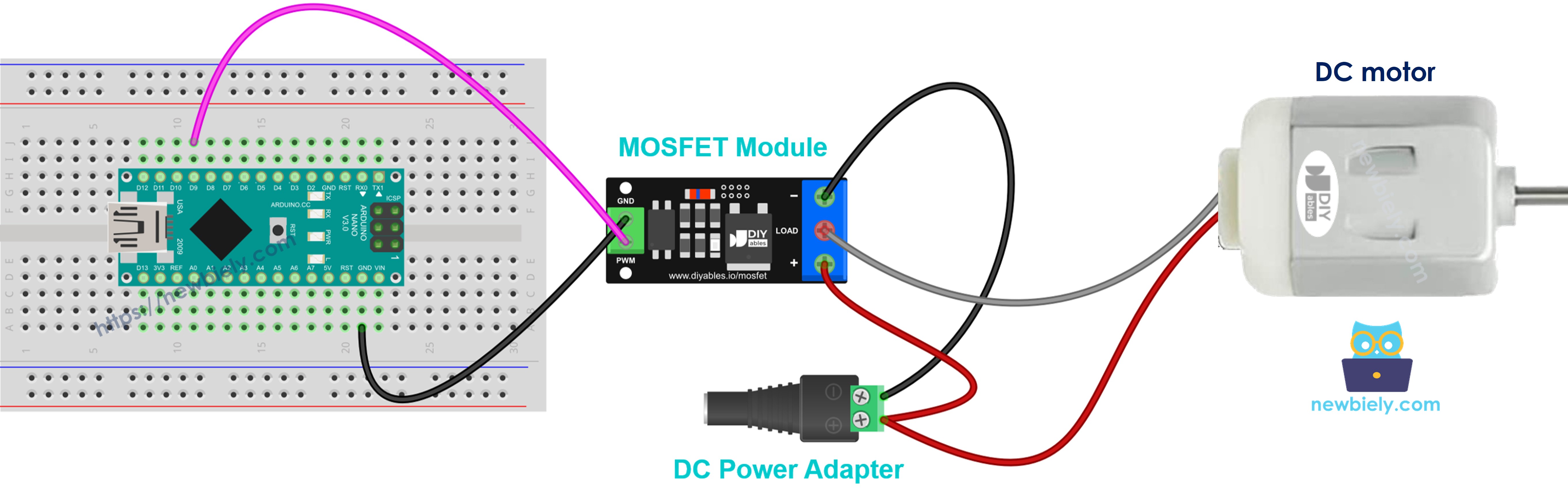 12V DC-motor aangesloten op een MOSFET-module