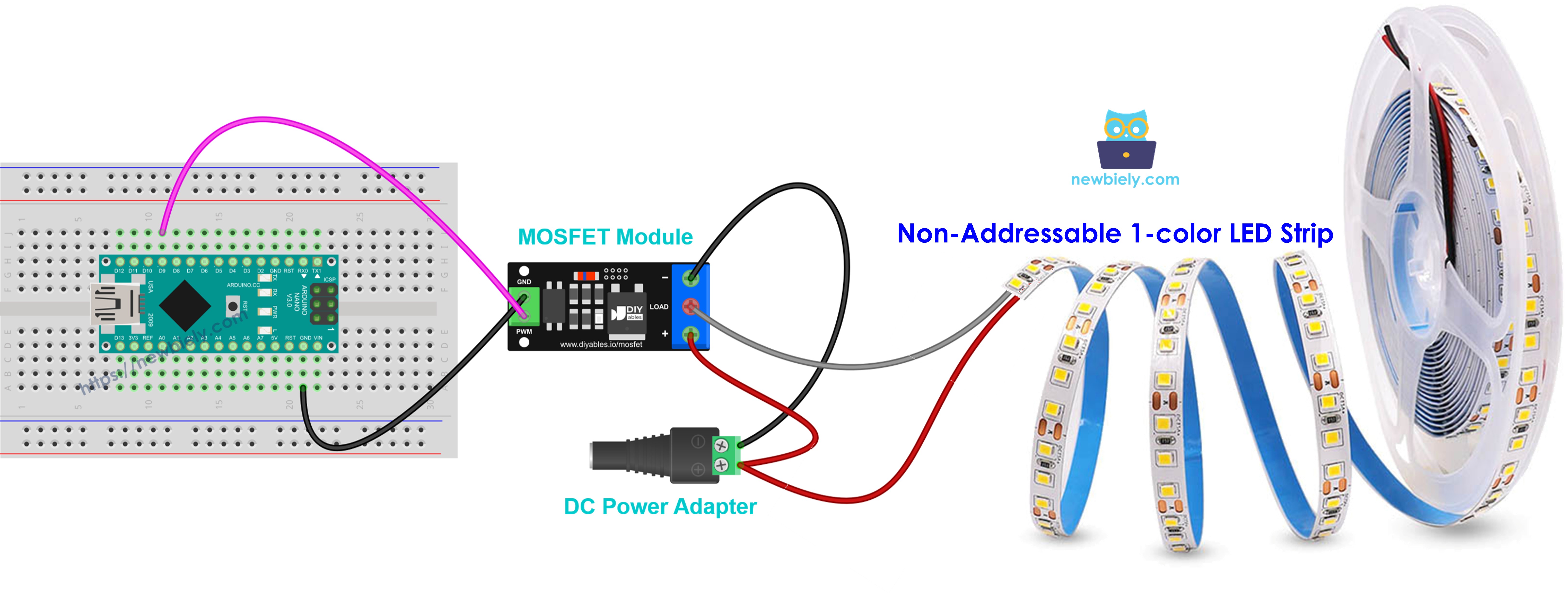 MOSFET-module bedradingsschema met een 12V ledstrip