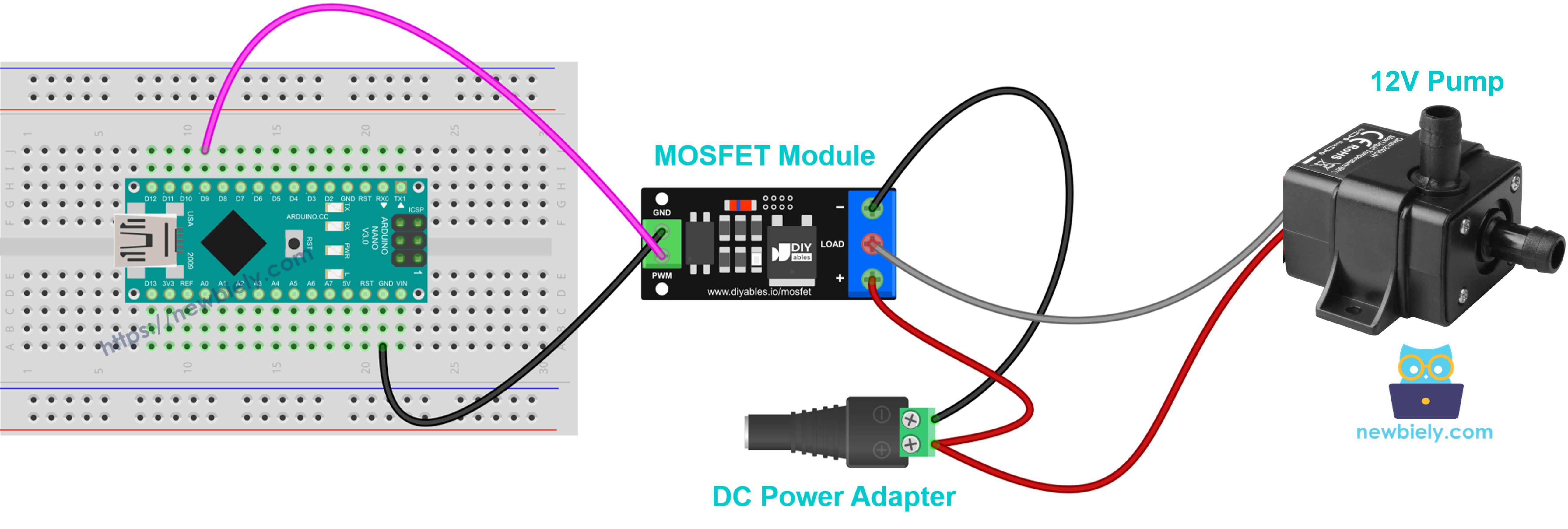 MOSFET-module bedrading van een 12V waterpomp