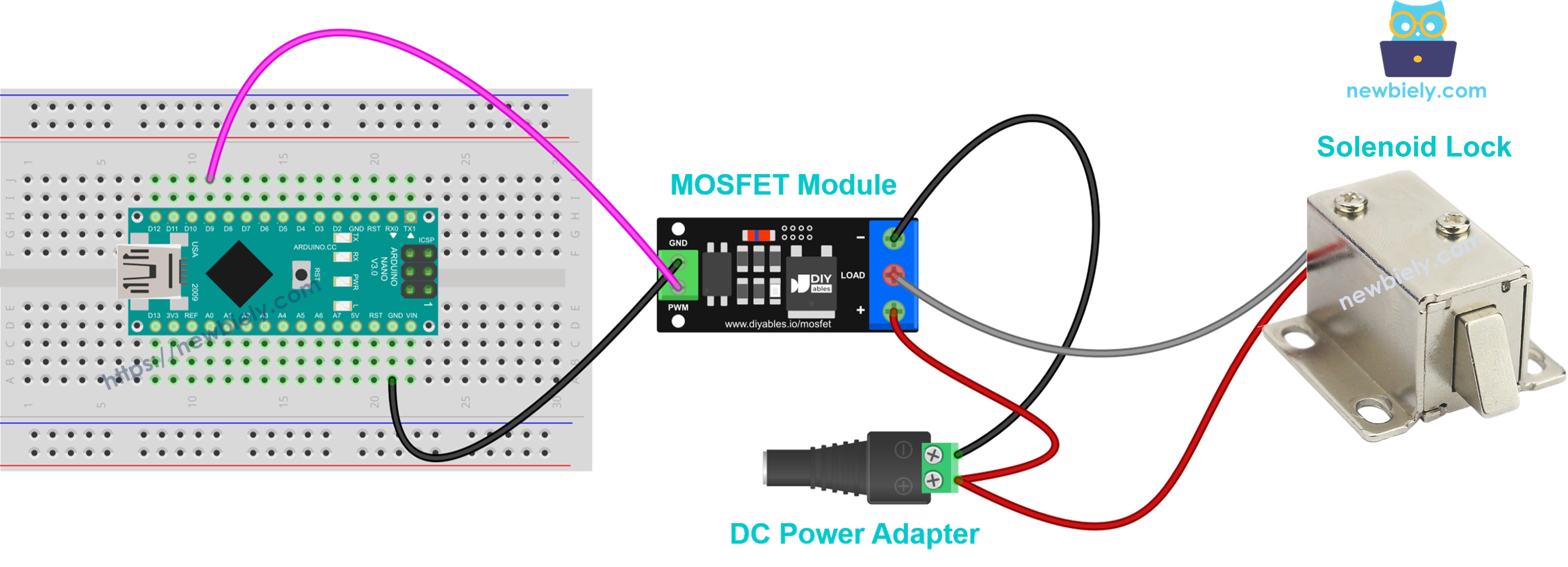 Bedradingsschema van een solenoïdeslot met de MOSFET-module