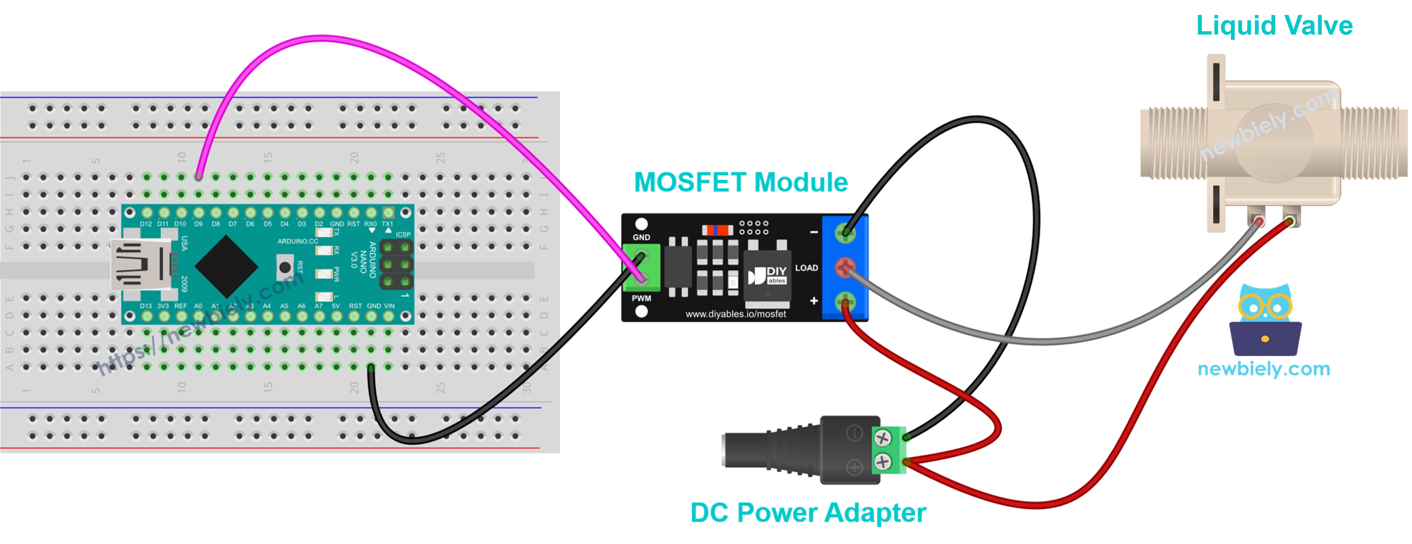 MOSFET-module bedrading voor een normaal gesloten 12V solenoïdeklep