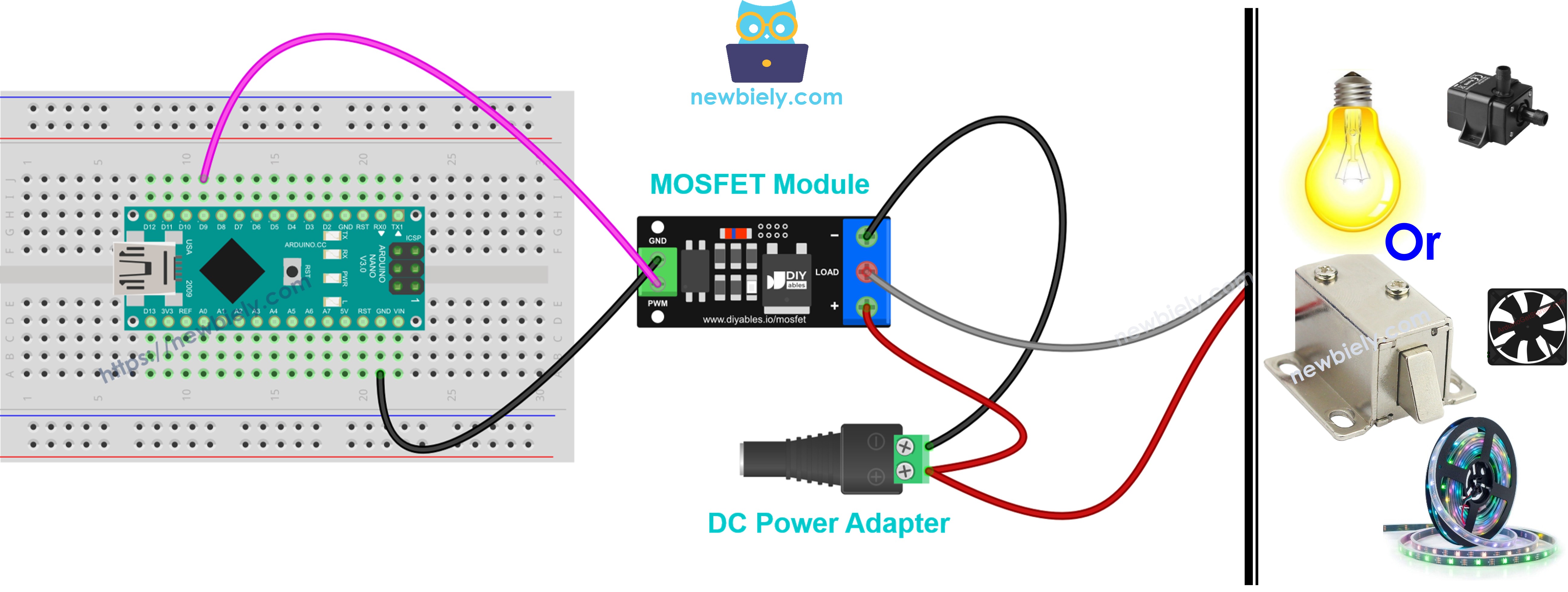 Arduino Nano bedradingsschema met AOD4184-, LR7843- of FR120N-MOSFET-module