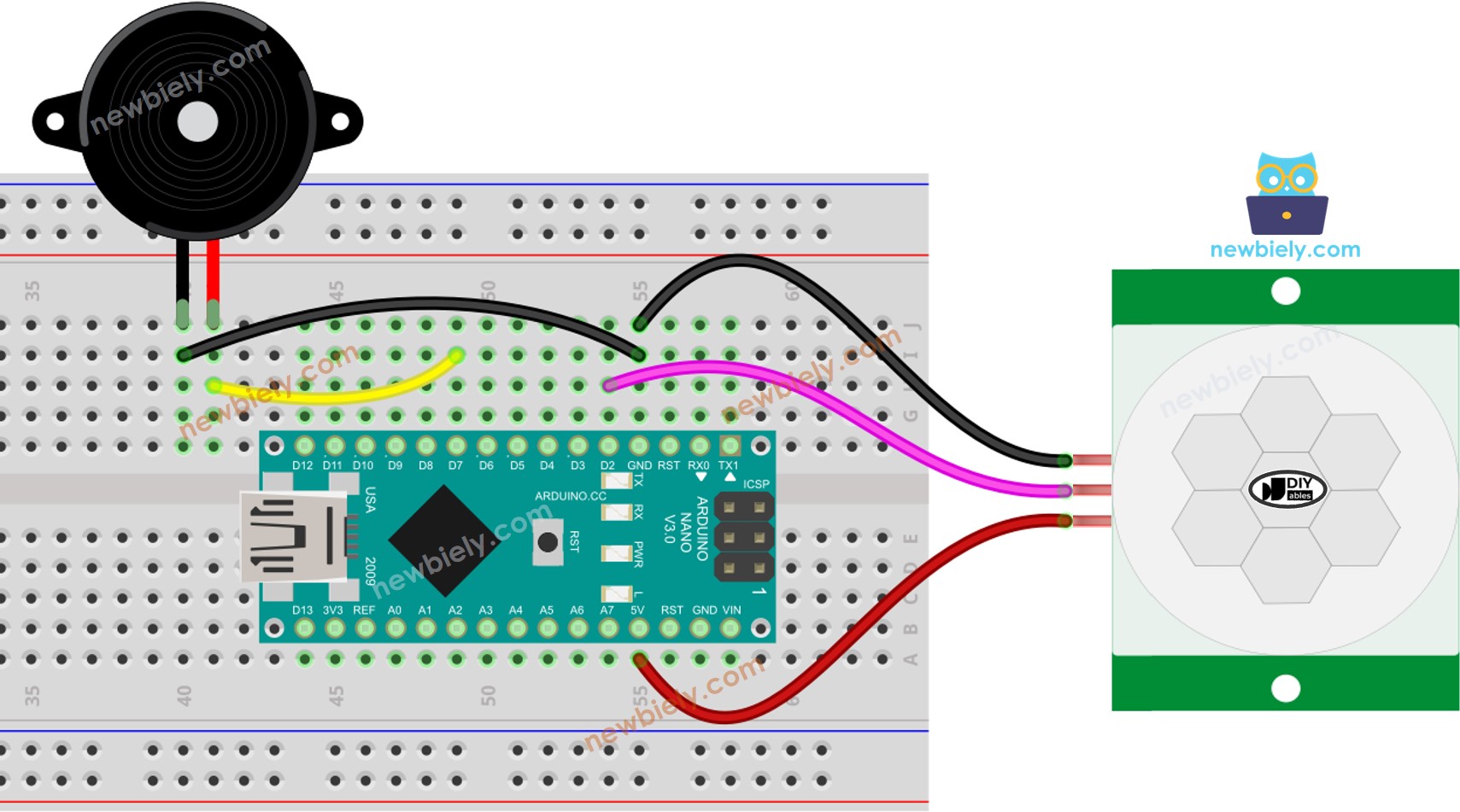 Arduino Nano Bewegingssensor Piezo Buzzer bedradingsschema
