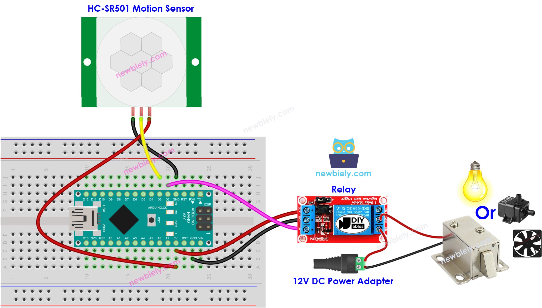 Arduino Nano Bewegingssensor Relay bedrading schema