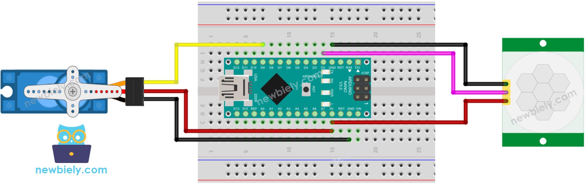 Arduino Nano Bewegingssensor Servo Motor bedrading schema
