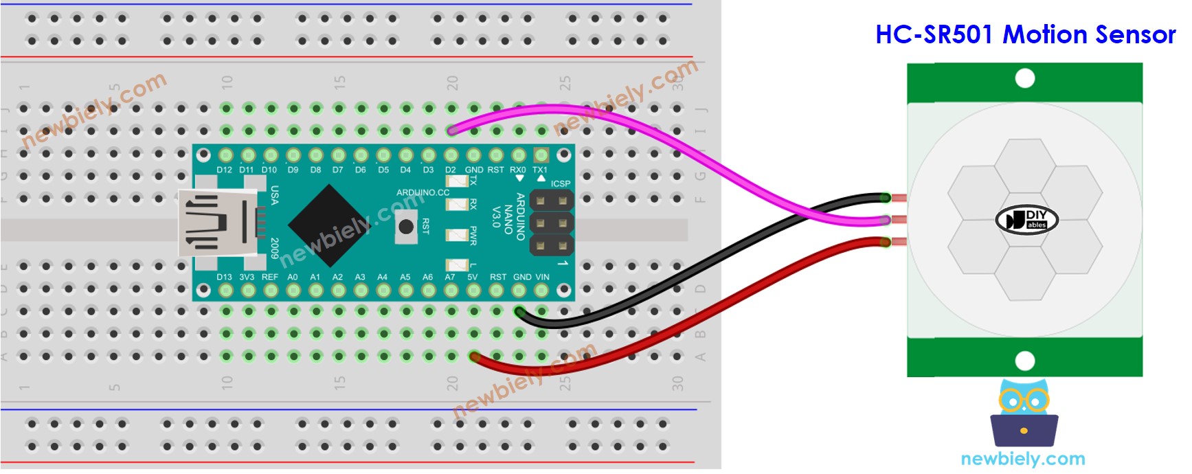 Arduino Nano Bewegingssensor bedrading