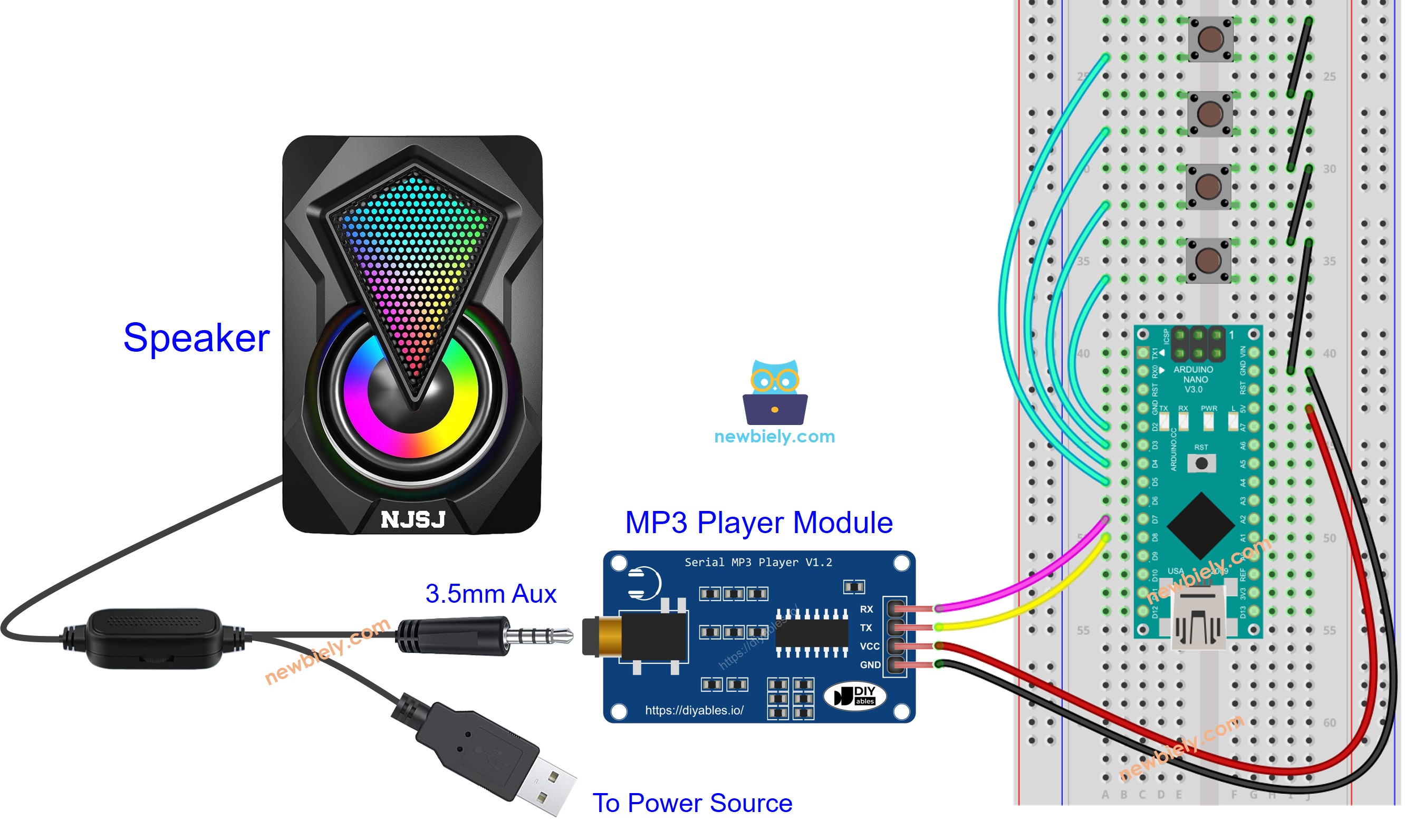 Arduino Nano MP3-speler speaker Aansluitschema