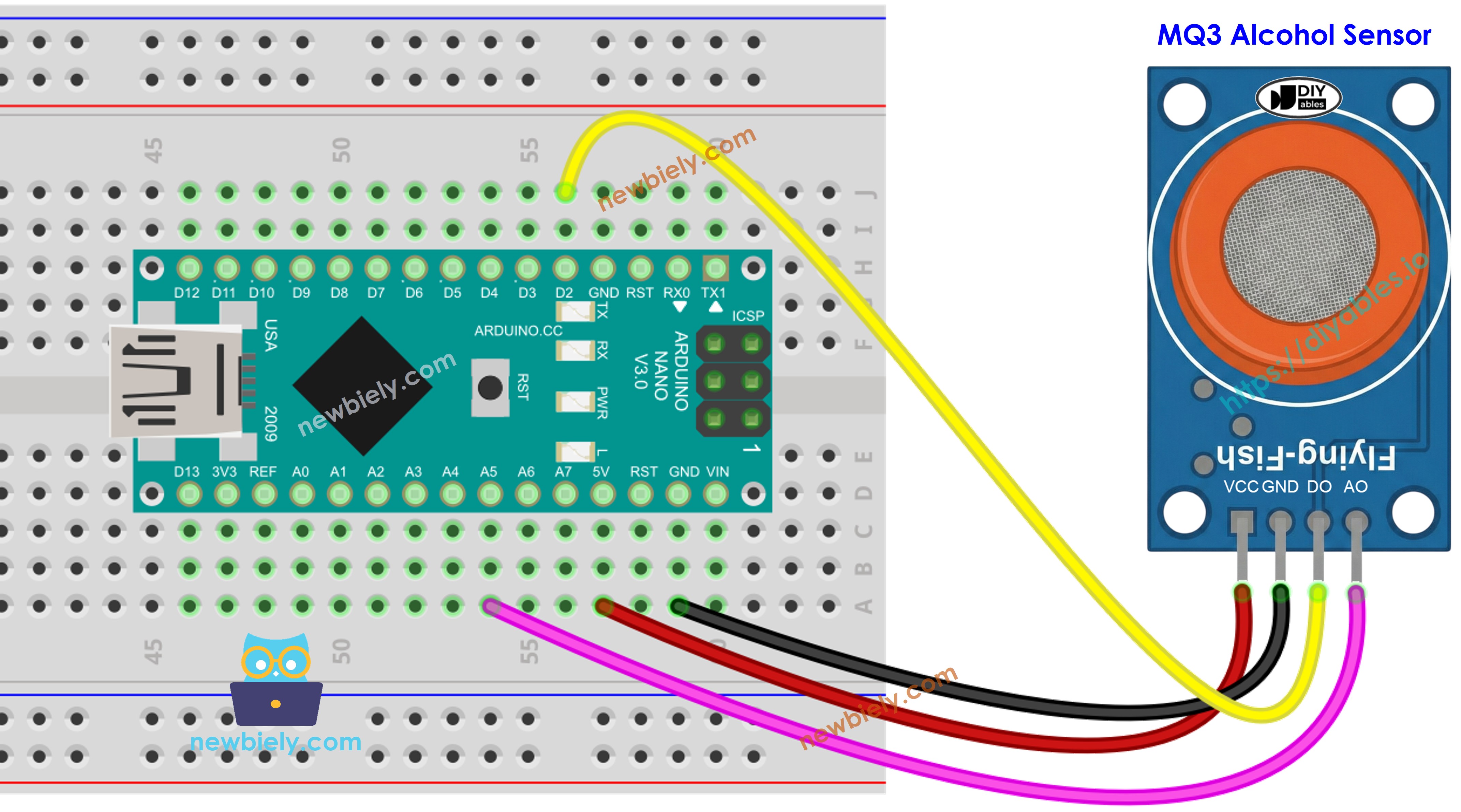 Arduino Nano en MQ3 alcoholsensor bedradingsschema met pinverbindingen