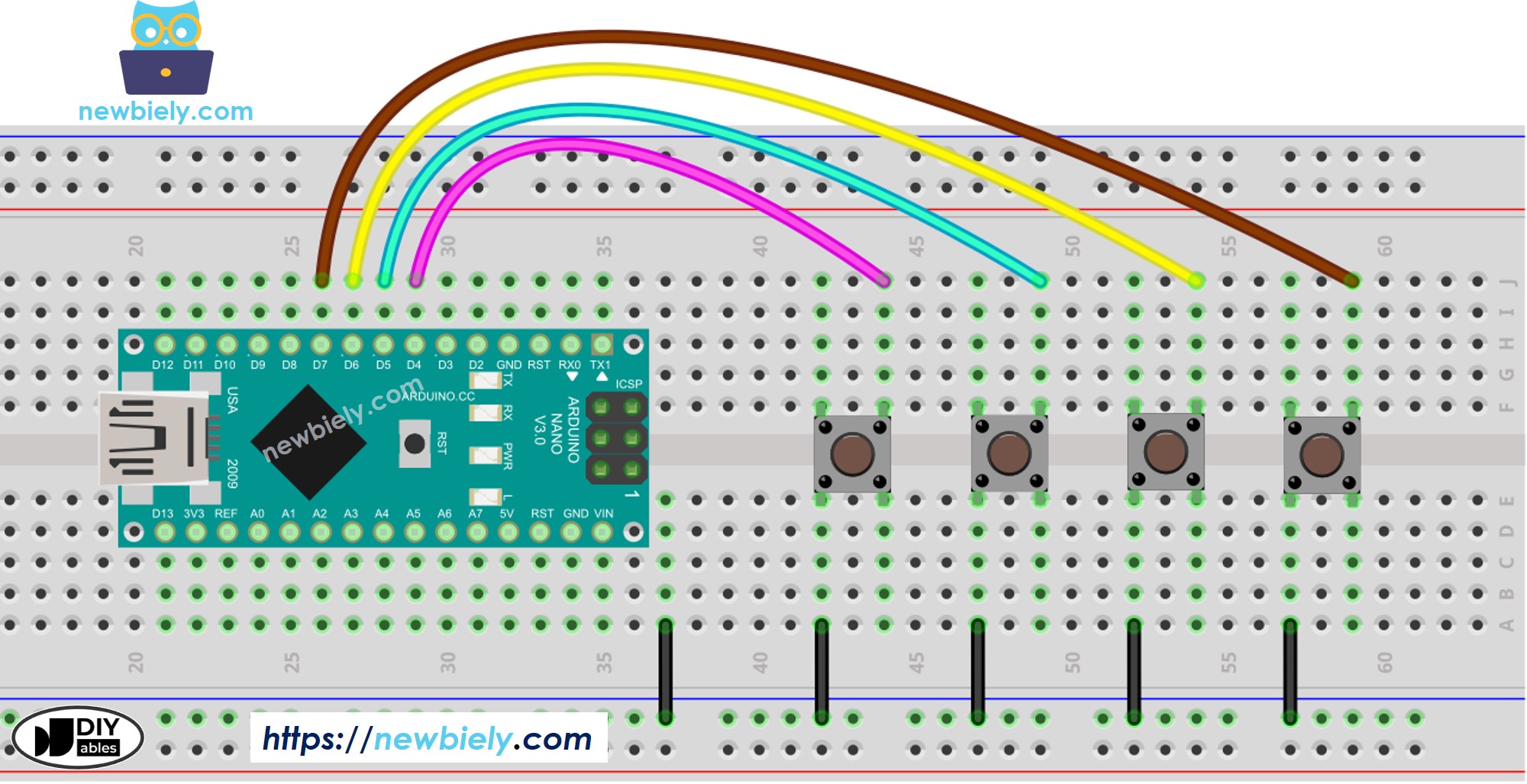 Arduino Nano meerdere knoppen Schema Aansluiting