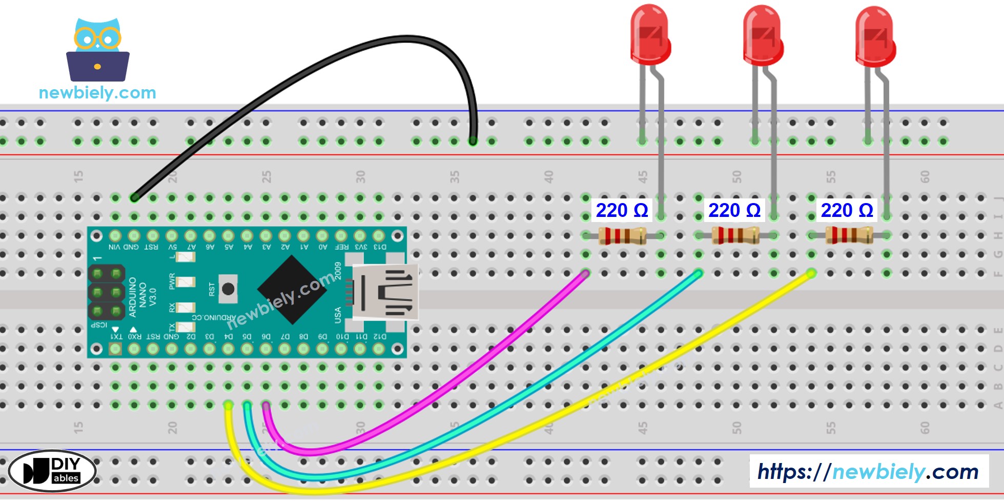 Arduino Nano meerdere LED's bekabelingsschema