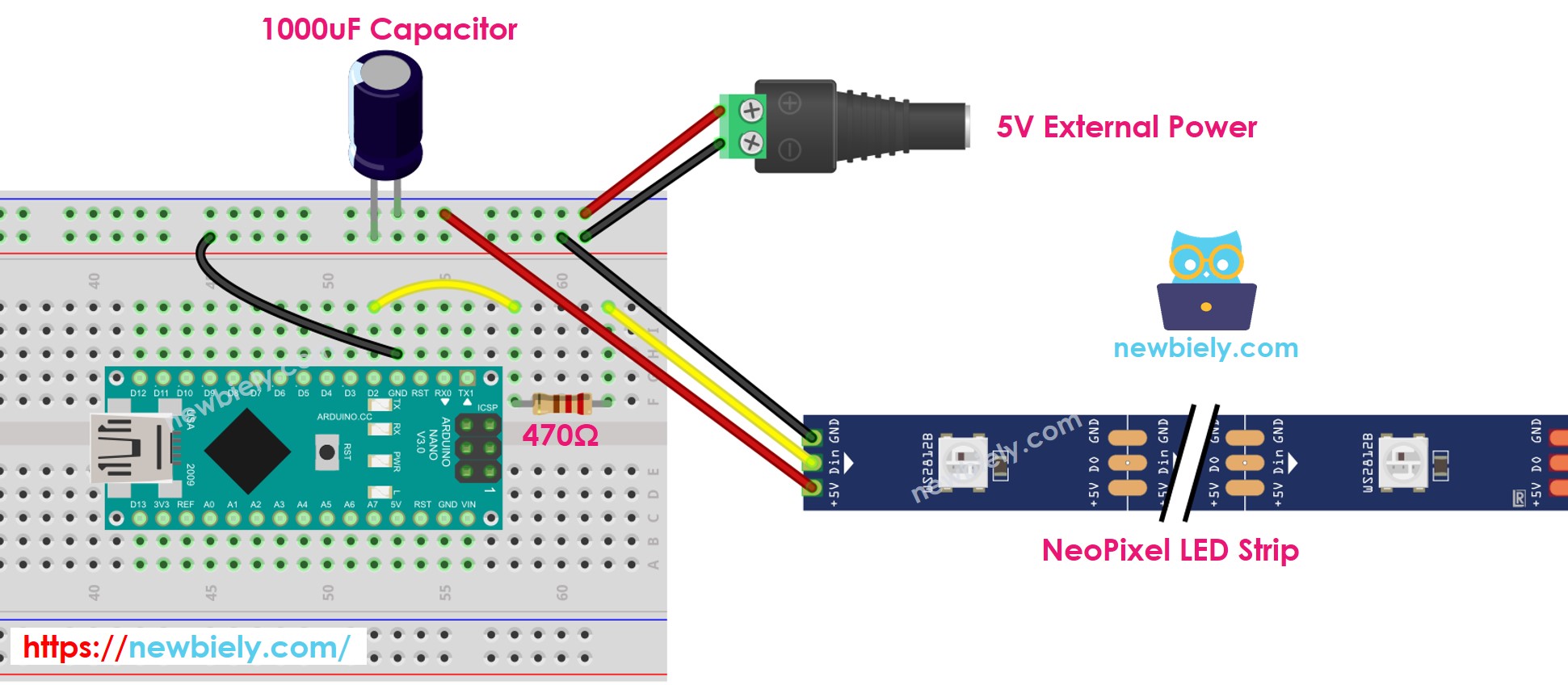 Arduino Nano NeoPixel RGB LED strip aansluitdiagram