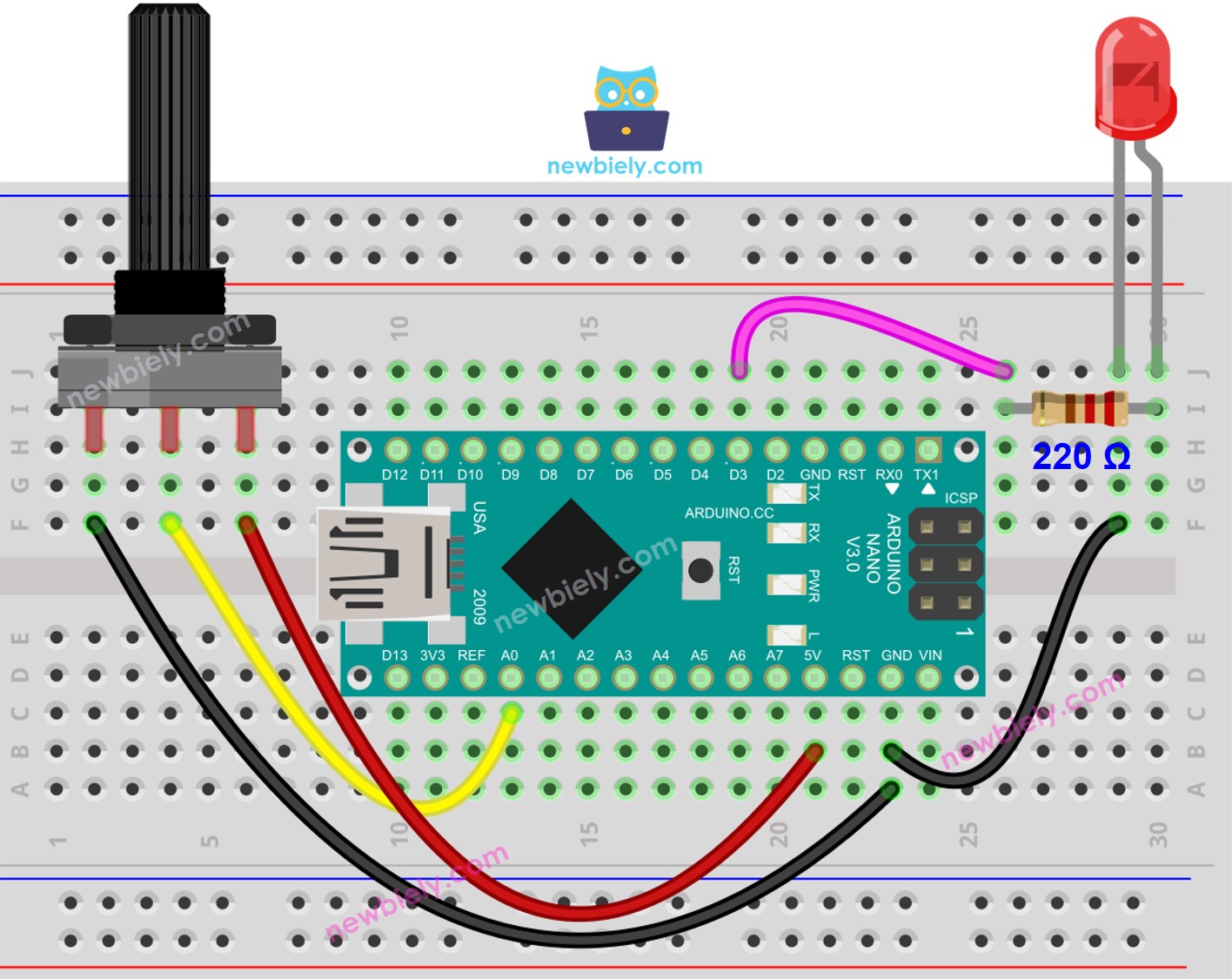 Arduino Nano Potentiometer LED aansluitdiagram