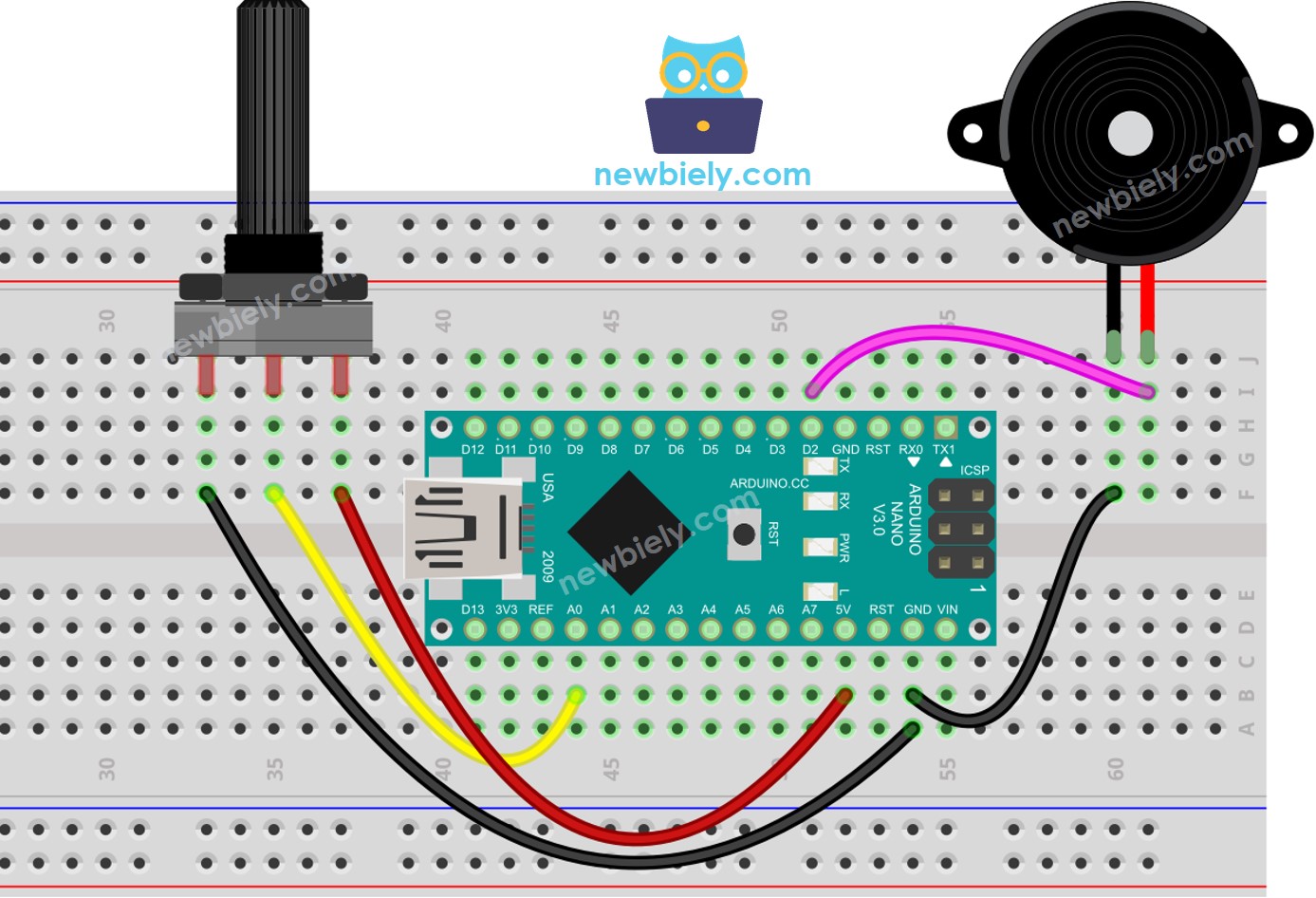 Arduino Nano Potentiometer Piezo Buzzer aansluitdiagram