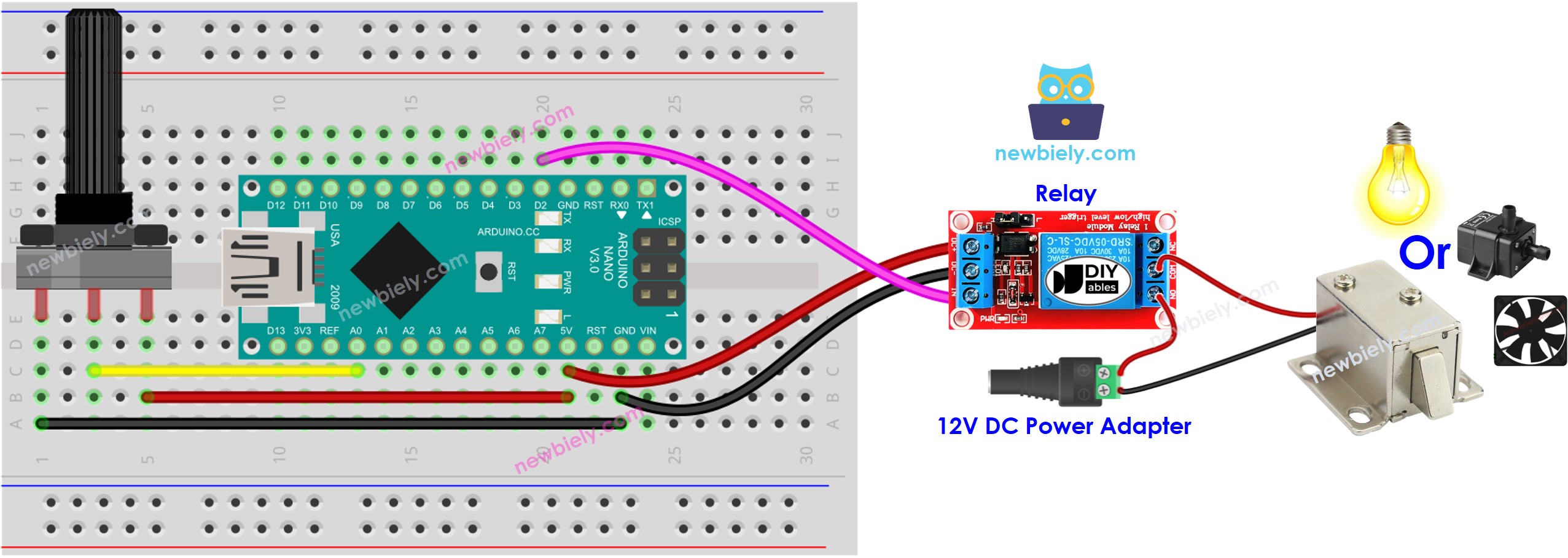 Arduino Nano Potentiometer Relay bedradingsschema