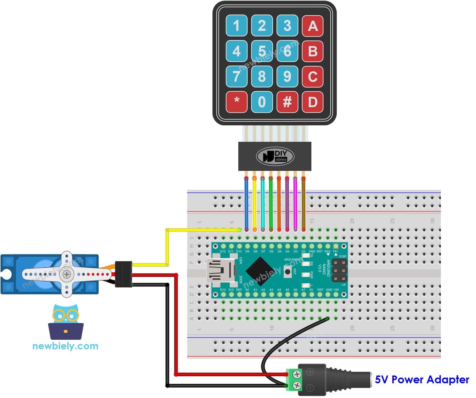 Arduino Nano keypad servo motor bedradingsschema