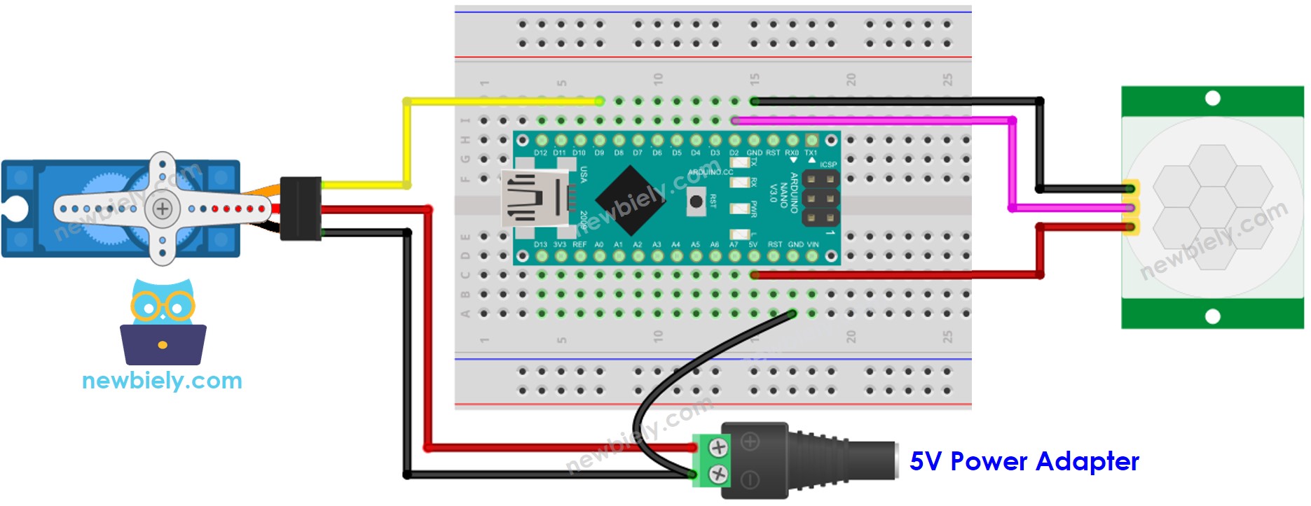Arduino Nano Bewegingssensor Servo Motor bedrading schema