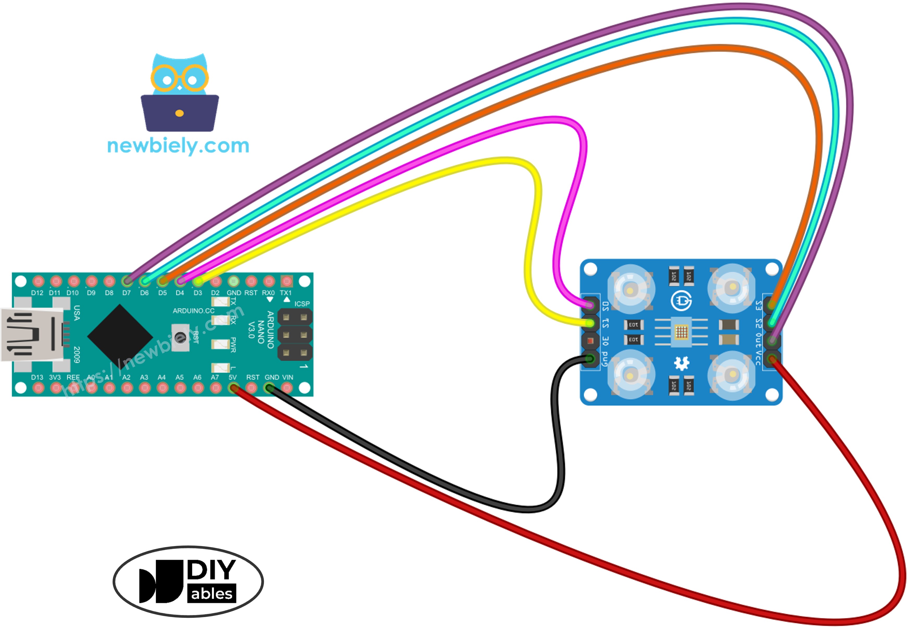 Arduino Nano en TCS3200 kleuren sensor bedrading schema met verbinding tussen pinnen