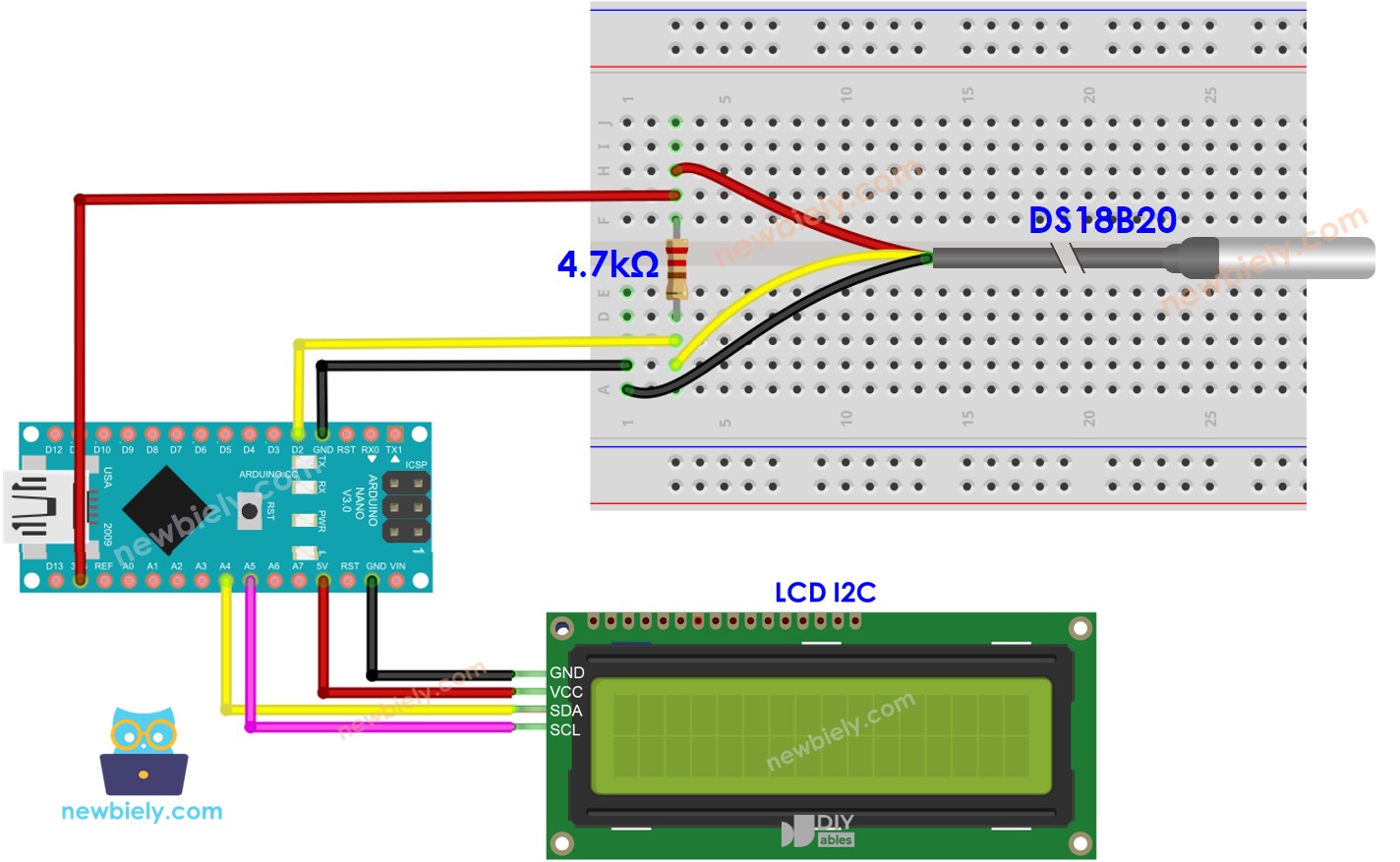 Arduino Nano Temperatuursensor LCD aansluitschema