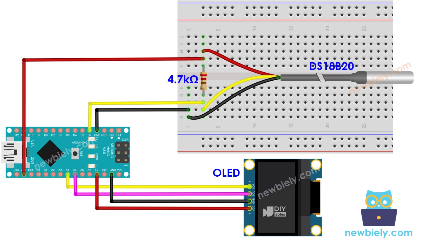 Arduino Nano Temperatuursensor OLED bedradingsschema