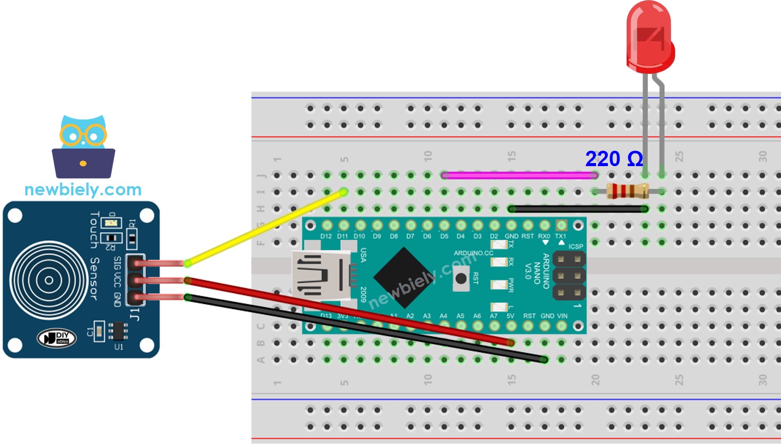 Arduino Nano touch sensor LED bedradingsschema