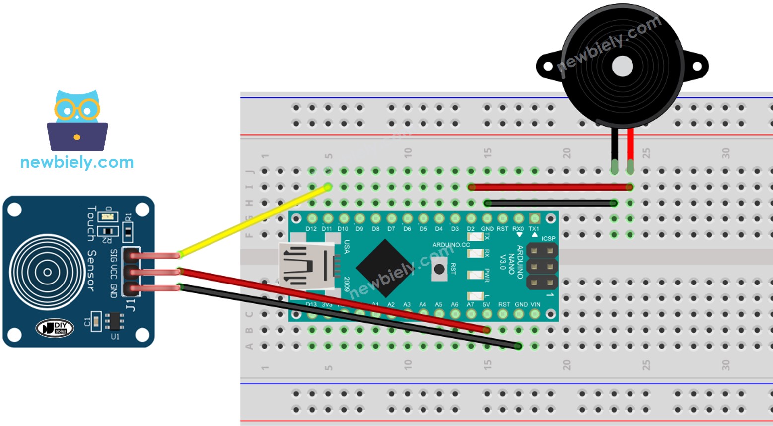 Arduino Nano Touch Sensor Piezo Buzzer bedrading schema