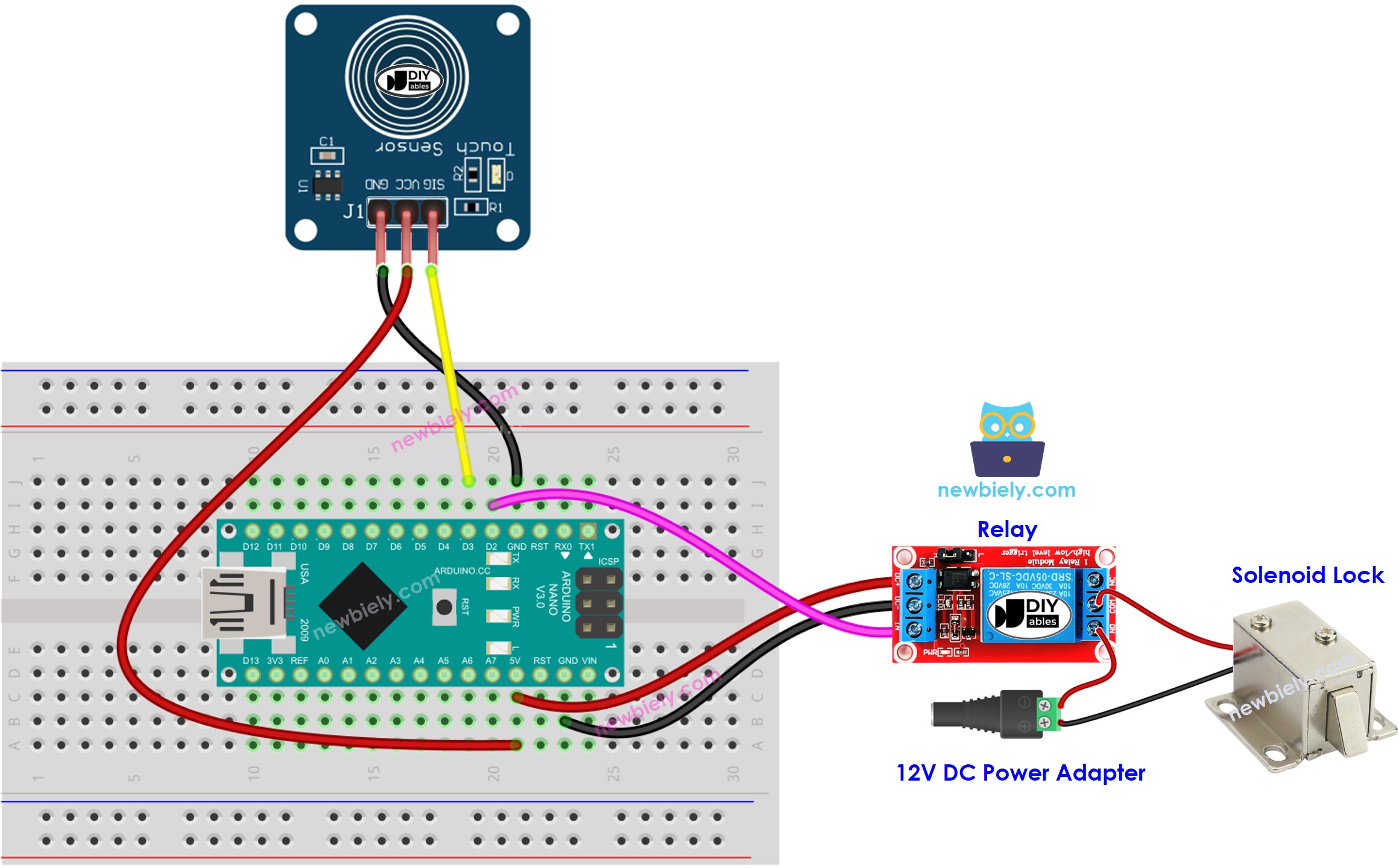 Arduino Nano touch sensor solenoid lock bedrading schema