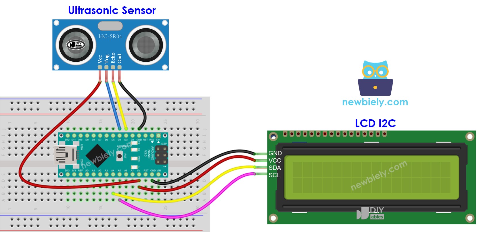 Arduino Nano Ultrasone Sensor LCD bedradingsschema