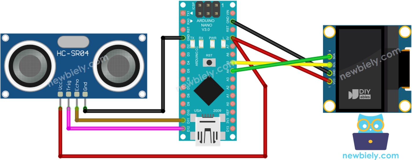 Arduino Nano Ultrasone Sensor OLED bedrading schema