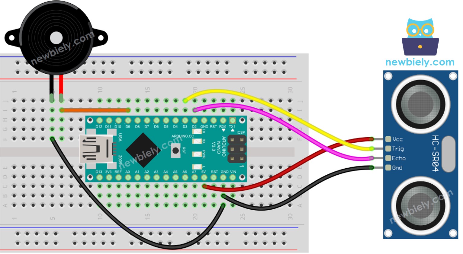 Arduino Nano Ultrasone Sensor Piezo Buzzer bedrading