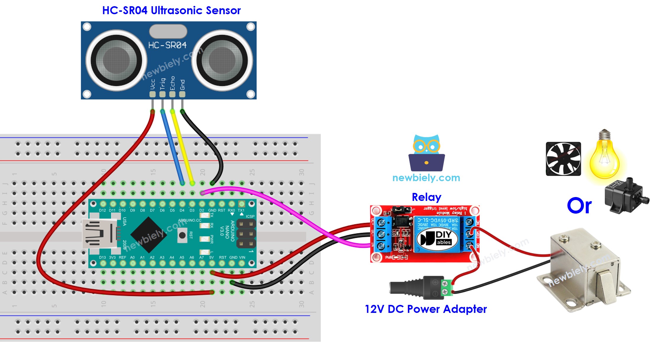 Arduino Nano Ultrasone Sensor Relay bedrading schema