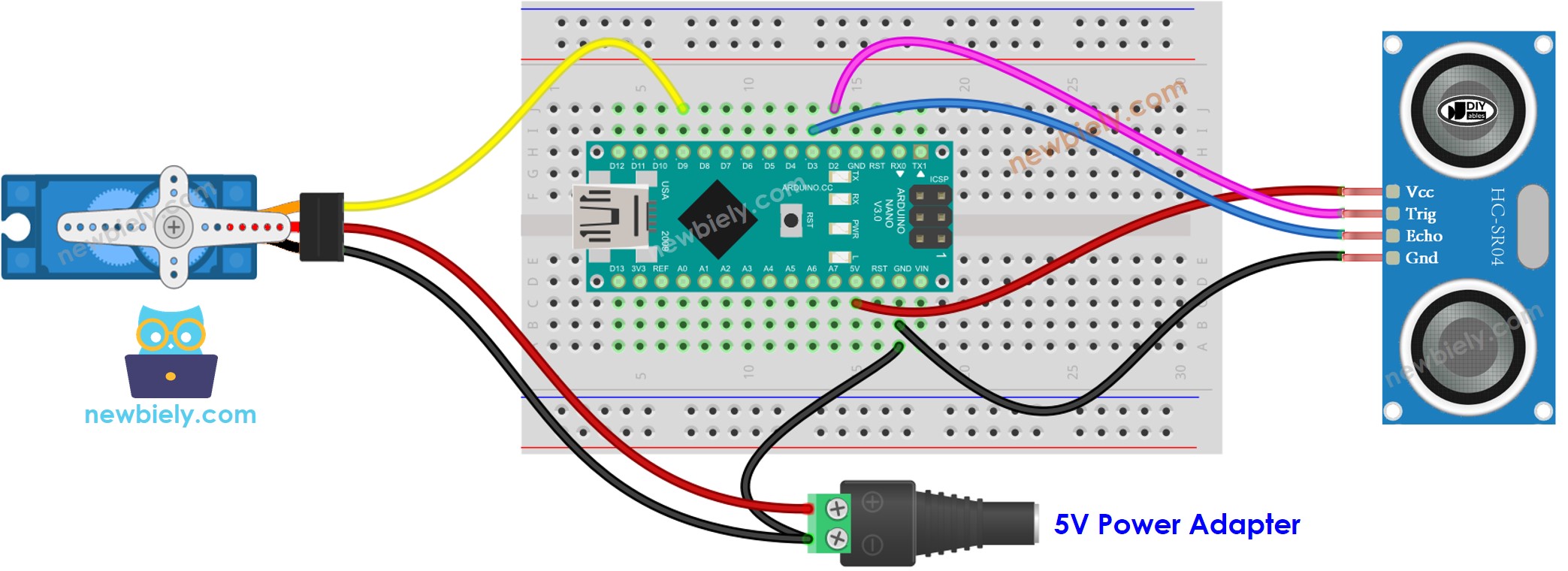 Arduino Nano Ultrageluidssensor Servo Motor bedradingsschema