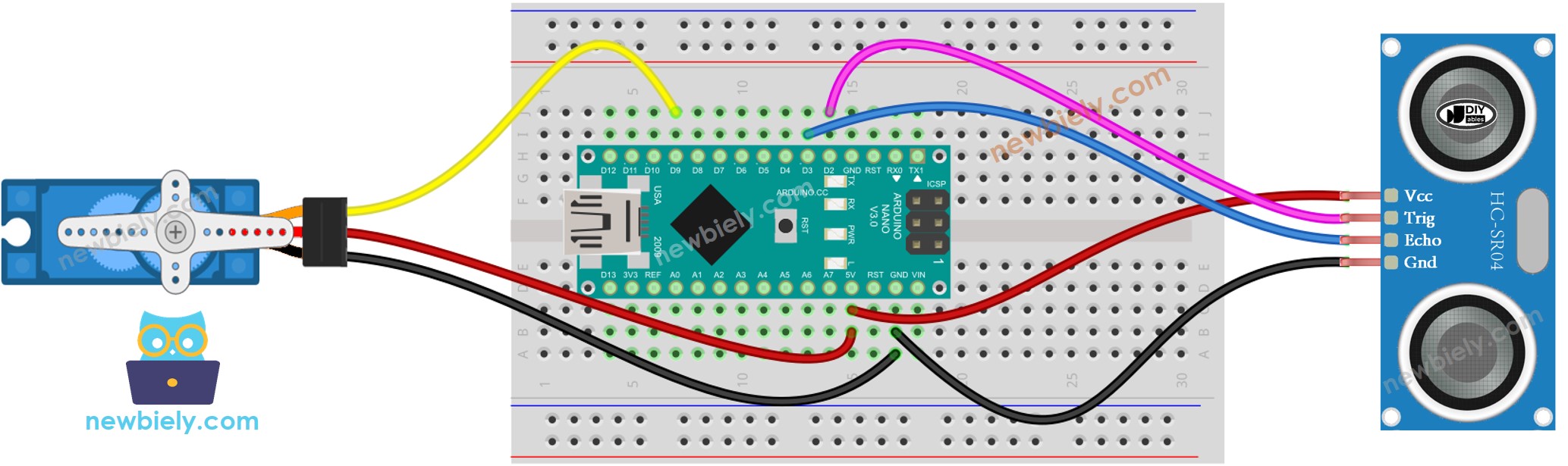 Arduino Nano Ultrageluidssensor Servo Motor bedradingsschema