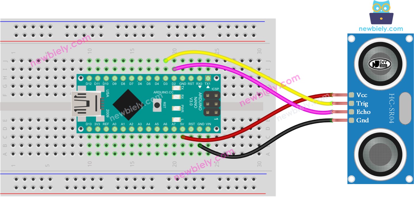 Arduino Nano ultrasone sensor bedradingsschema