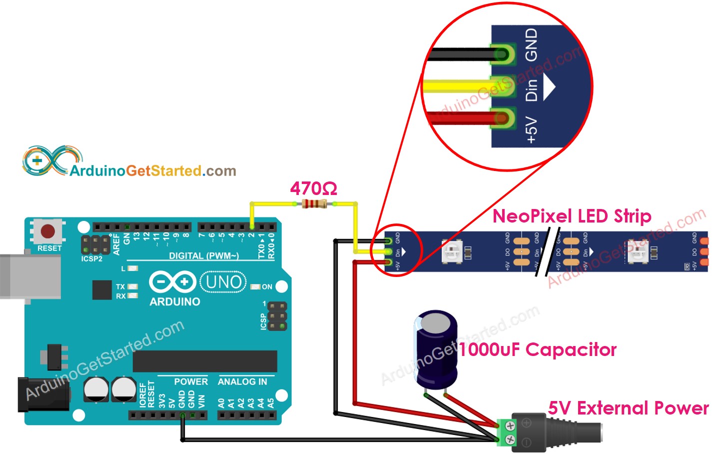 Arduino NeoPixel RGB LED strip Aansluitschema