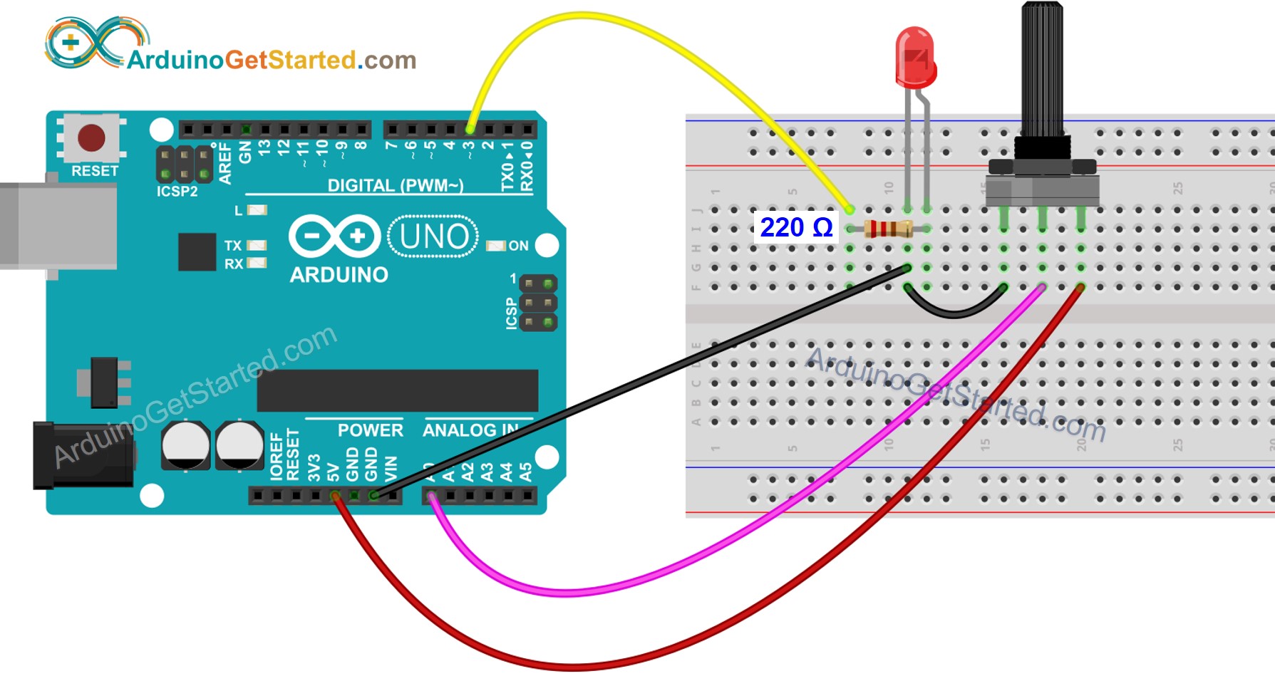 Arduino Potentiometer LED Aansluitschema