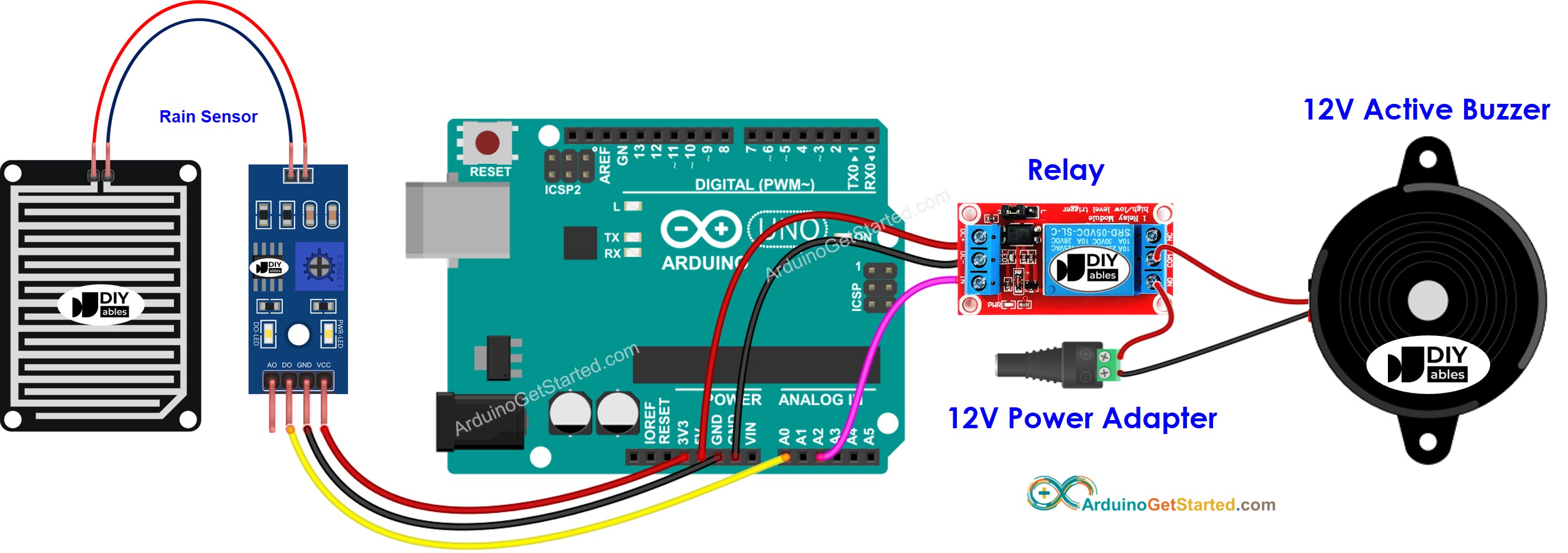 Arduino Regensensor 12V Buzzer Aansluitschema